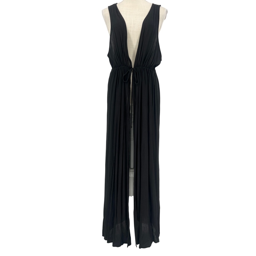 Kona Sol Swim Cover Up Women L/XL Black Maxi‎ V-Neck Drawstring Beach Resortwear